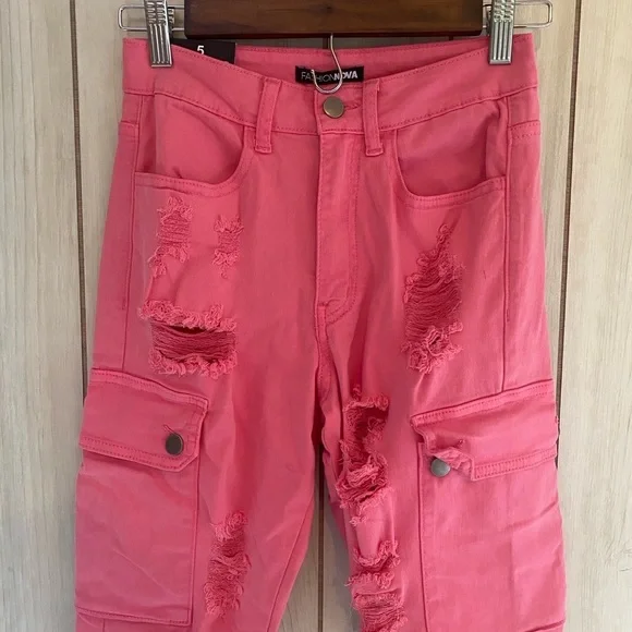 fashion nova money honey 5 distressed pink coral jeans skinny cargo pocket rip - Picture 3 of 7